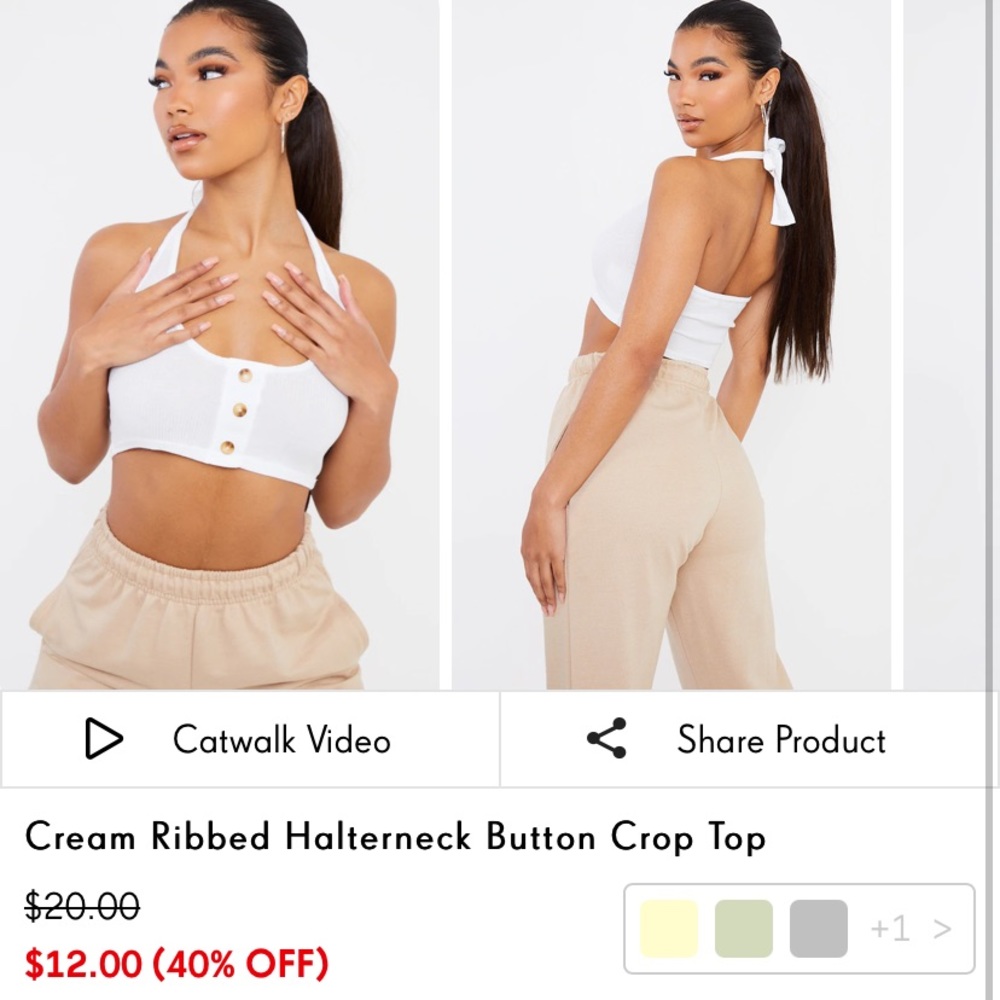 Cream Ribbed Halterneck Button Crop Top